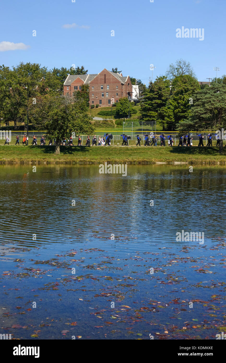 Marching band, Lake Muhlenberg, college behind, Allentown, PA, United states. Stock Photo