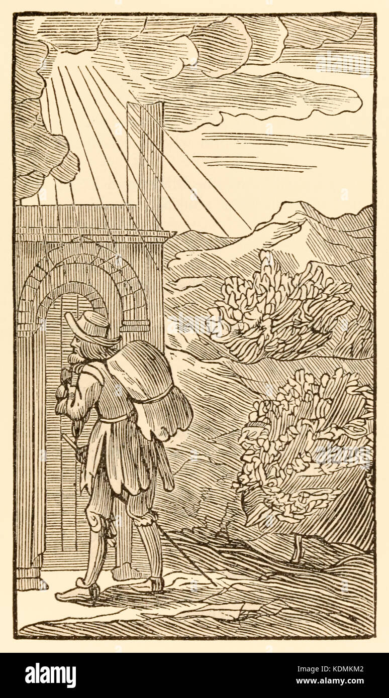 He that will enter in must first without Stand knocking at the Gate…” from ‘The Pilgrim’s Progress From This World, To That Which Is To Come’ by John Bunyan (1628-1688). The pilgrim reaches the entrance to the King's Highway. See more information below. Stock Photo