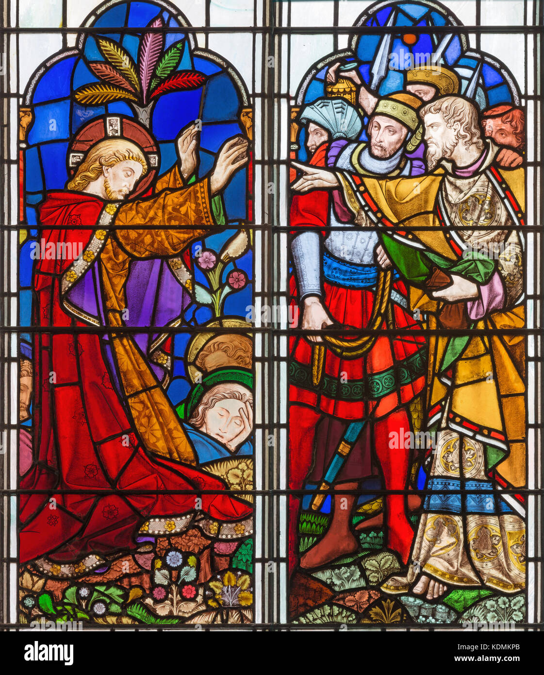 LONDON, GREAT BRITAIN - SEPTEMBER 14, 2017: The arresting of Jesus in the Gethsemane garden on the stained glass in the church St. Michael Cornhill. Stock Photo