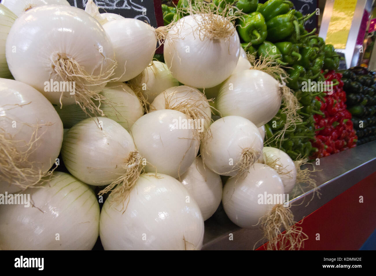Malaga market, white onions showed for sale in a stall Stock Photo