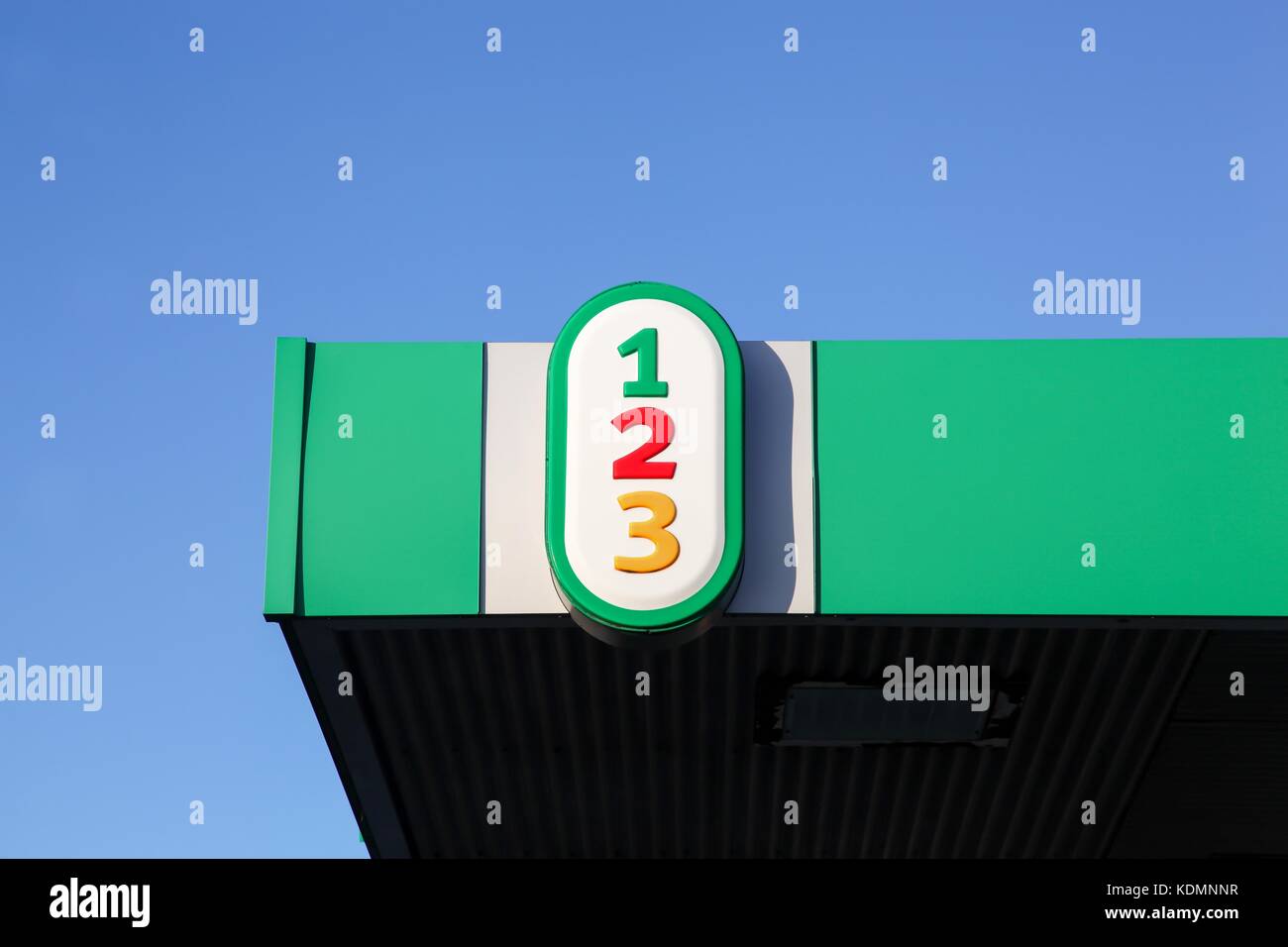 Odder, Denmark - November 2, 2015: 1-2-3 is a fuel station chain in the Nordic and Baltic regions Stock Photo