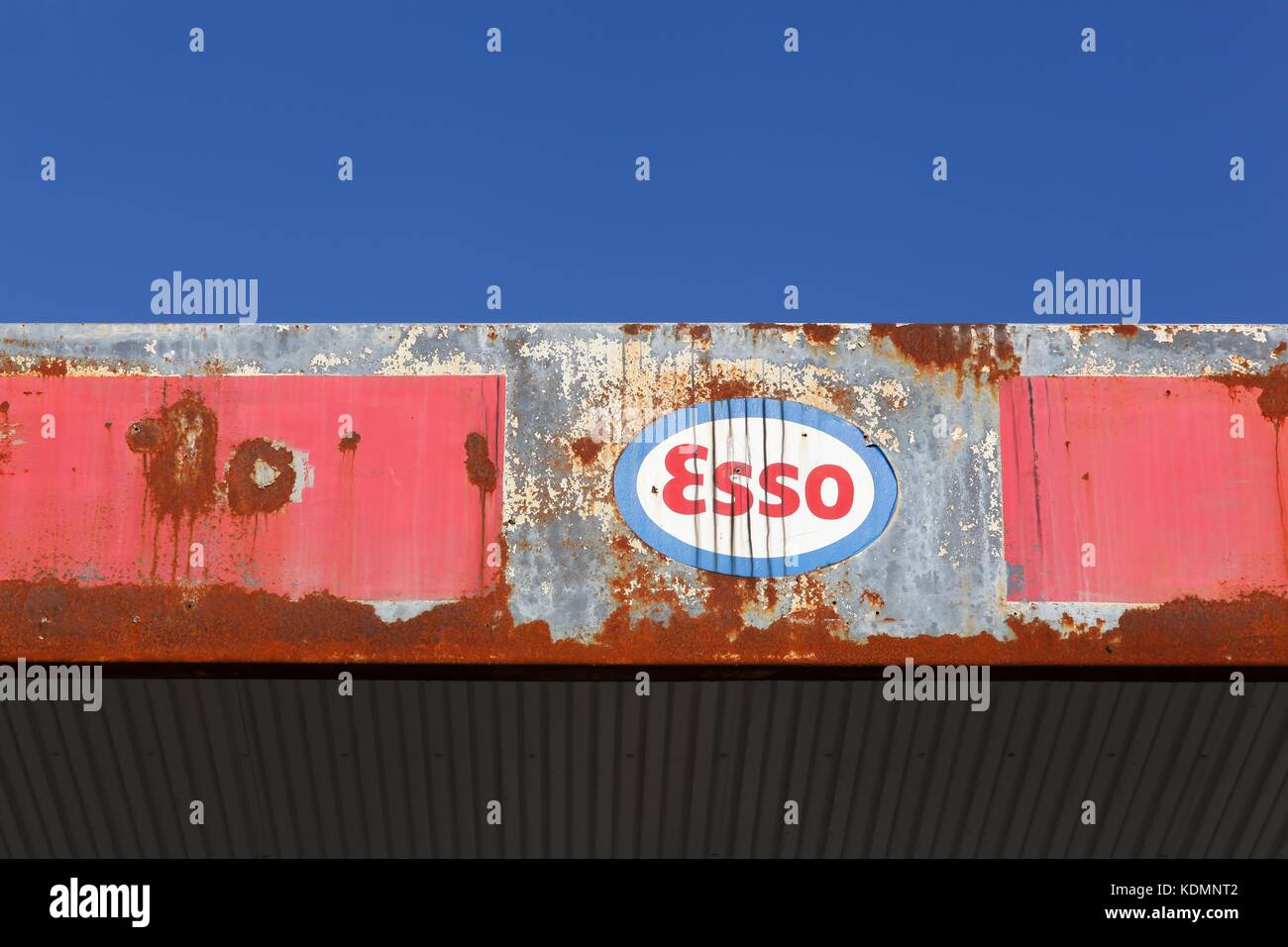 Aarhus, Denmark - October 28, 2015: Old and vintage logo of Esso on an abandoned gas station Stock Photo