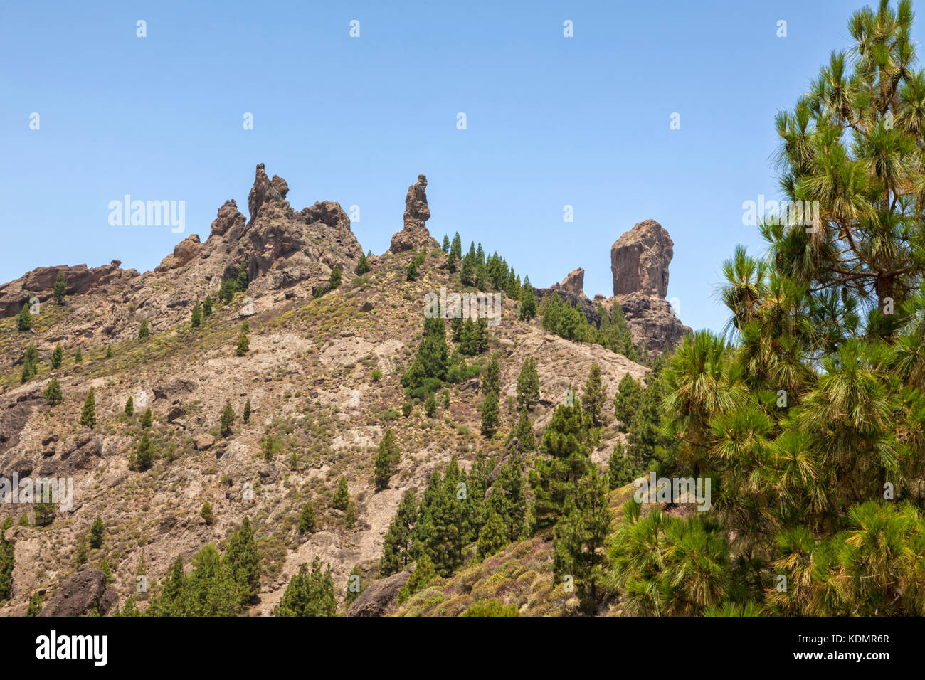 Roque Nublo, El Fraile and Roque San Jose on the summit of the mountain also called Roque Nublo, Gran Canaria, Canary Islands, Spain Stock Photo