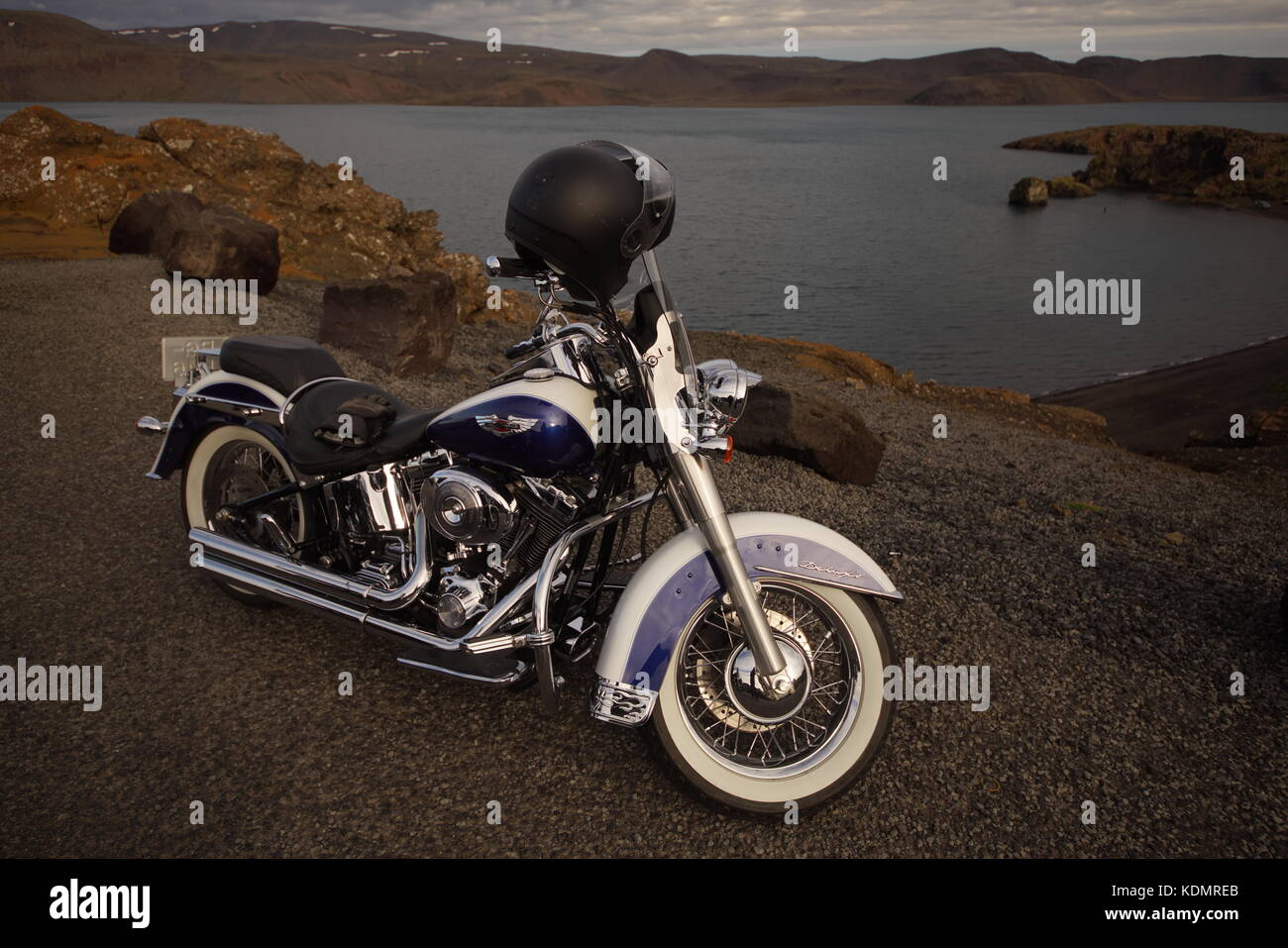 Harley Davidson with Lake Kleifarvatn Iceland in the background Stock Photo Alamy