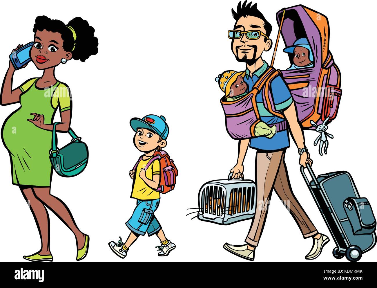 Multi ethnic family travelers, mom dad and kids. A pregnant woman and caring man. Tour with animals and children. Hand drawn illustration cartoon pop  Stock Vector