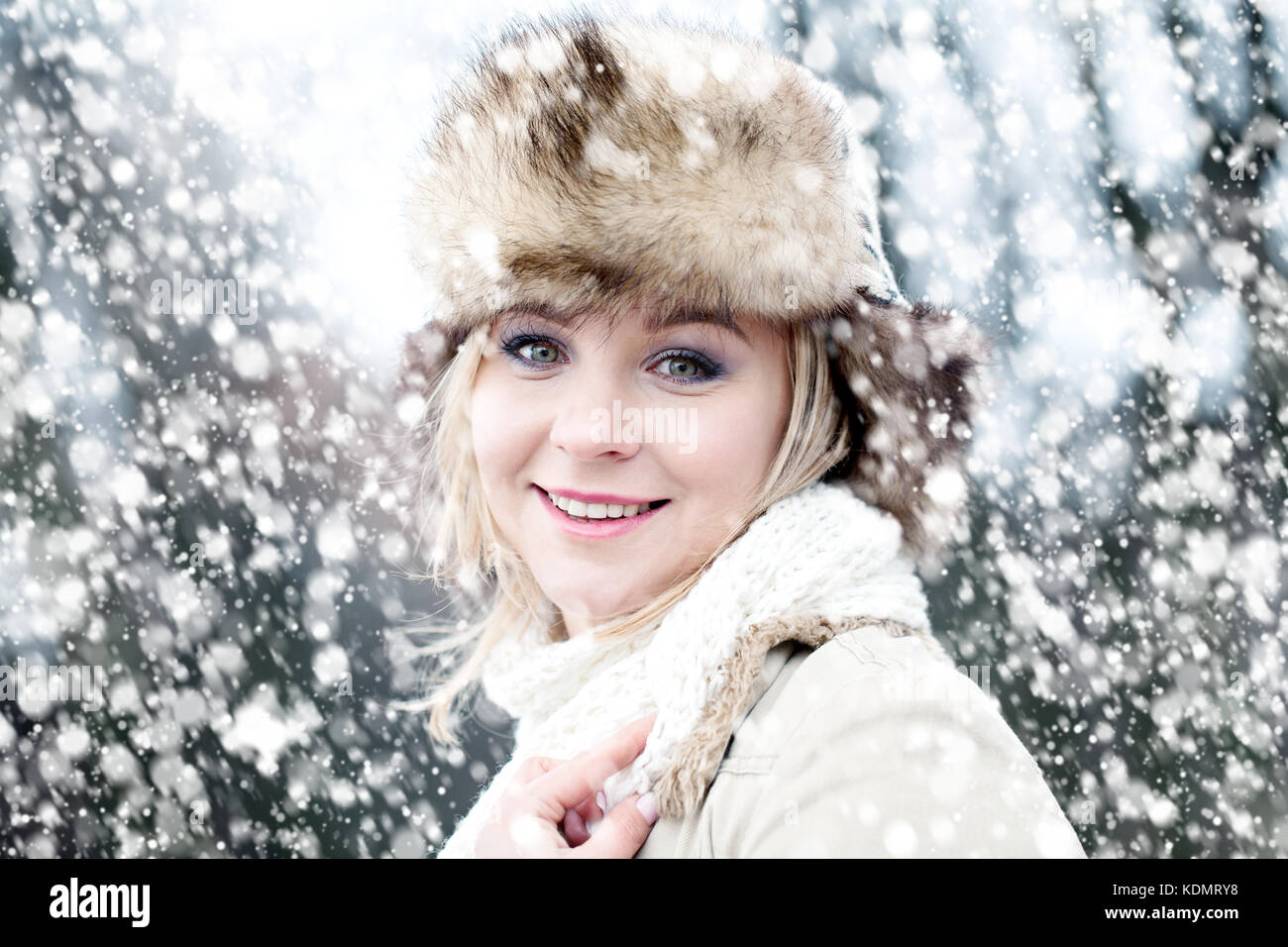 Happy Woman and Winter Snow Stock Photo