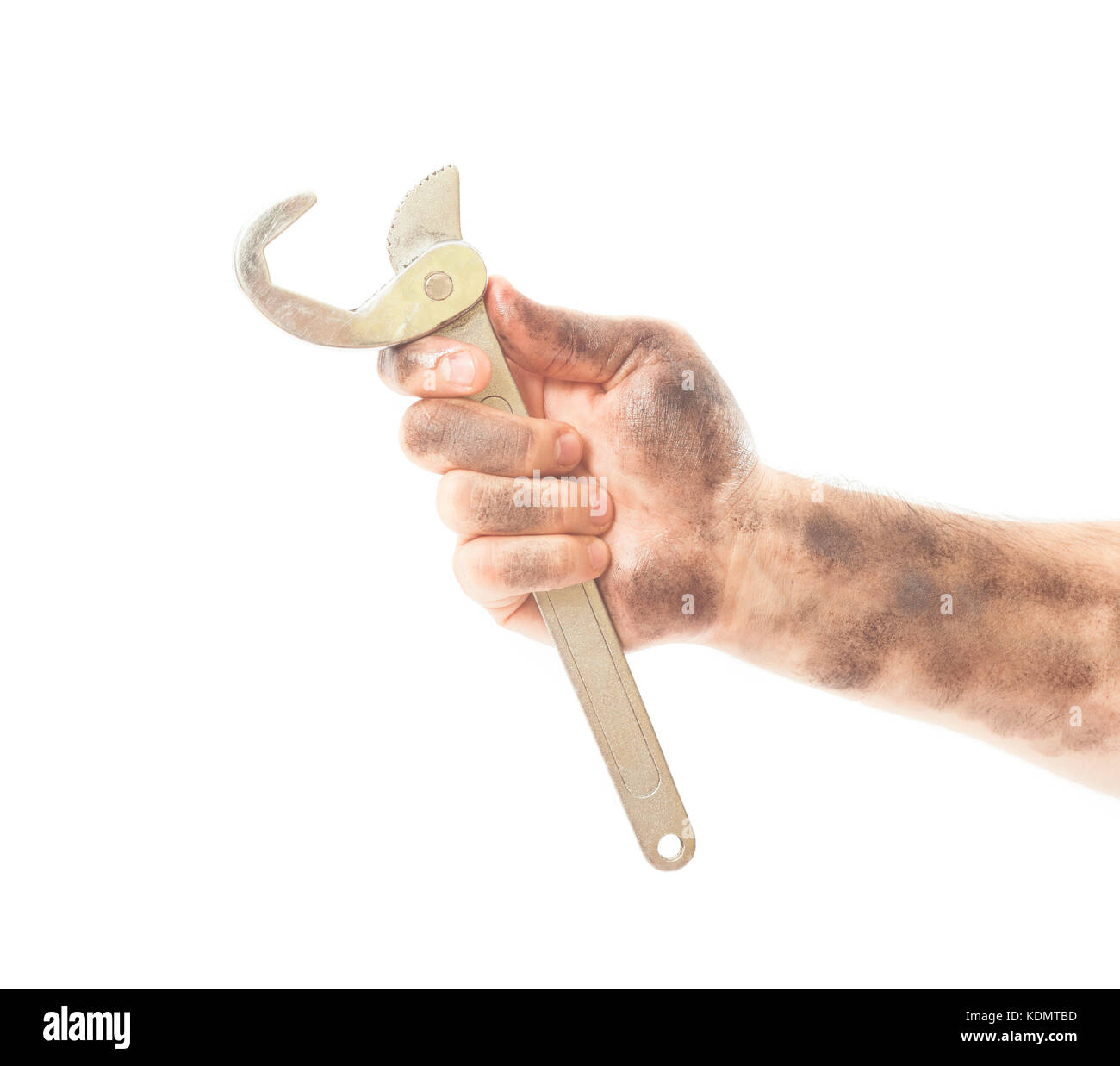 dirty and oily hand holding wrench tool isolated on white Stock Photo ...