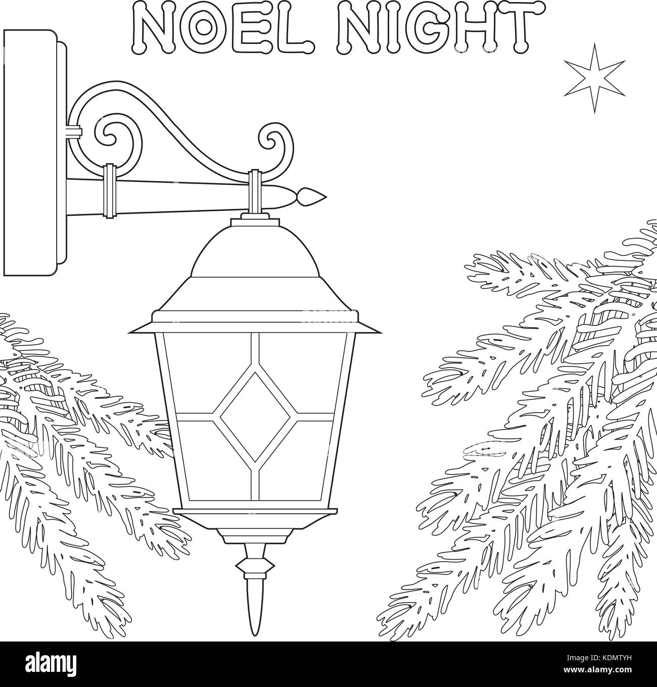 Noel night black and white poster with lonely star, street lamp and  christmas tree branches Stock Vector Image & Art - Alamy