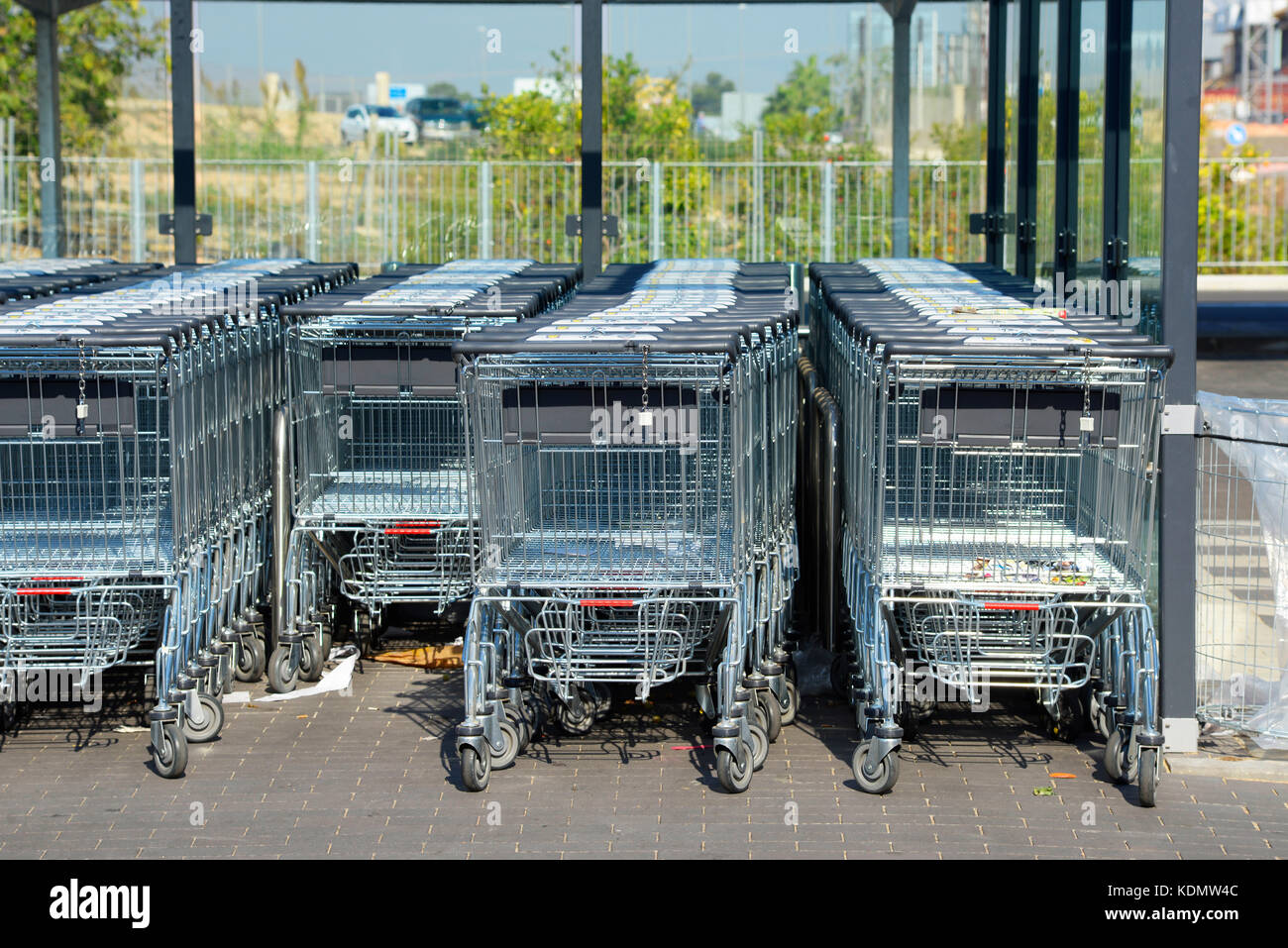 Shopping trolleys or carts in a store trolley park. Very small Lidl logo  Stock Photo - Alamy