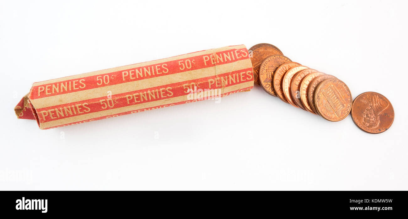 Paper roll of pennies. Isolated. Horizontal Stock Photo Alamy