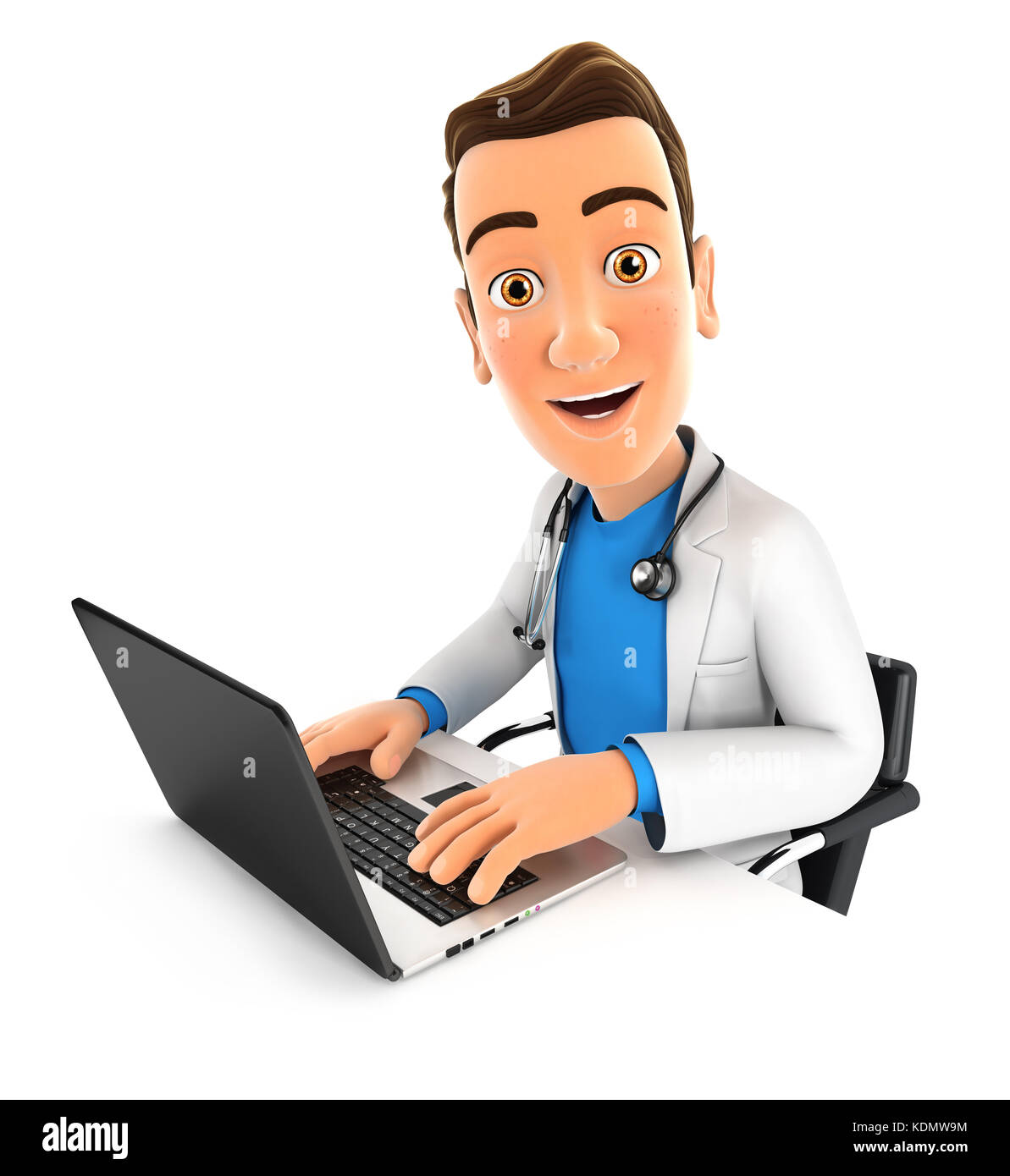 3d doctor working on laptop, illustration with isolated white background Stock Photo