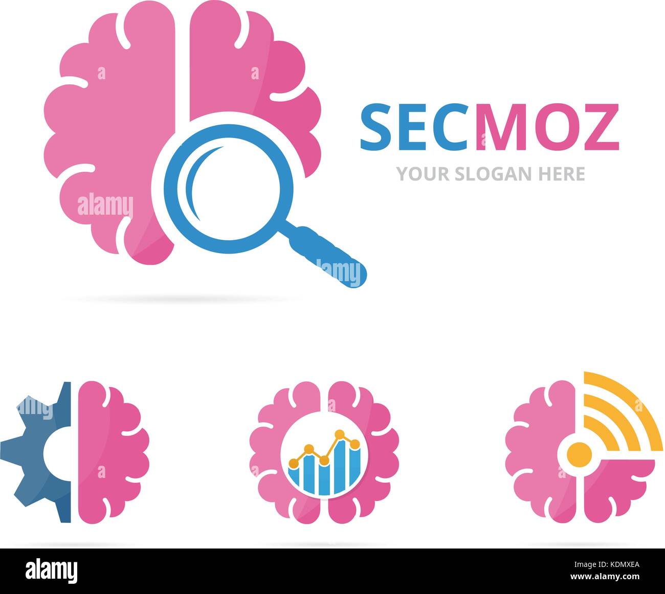Set of brain logo combination. Education and magnifying symbol or icon. Unique science and search logotype design template. Stock Vector