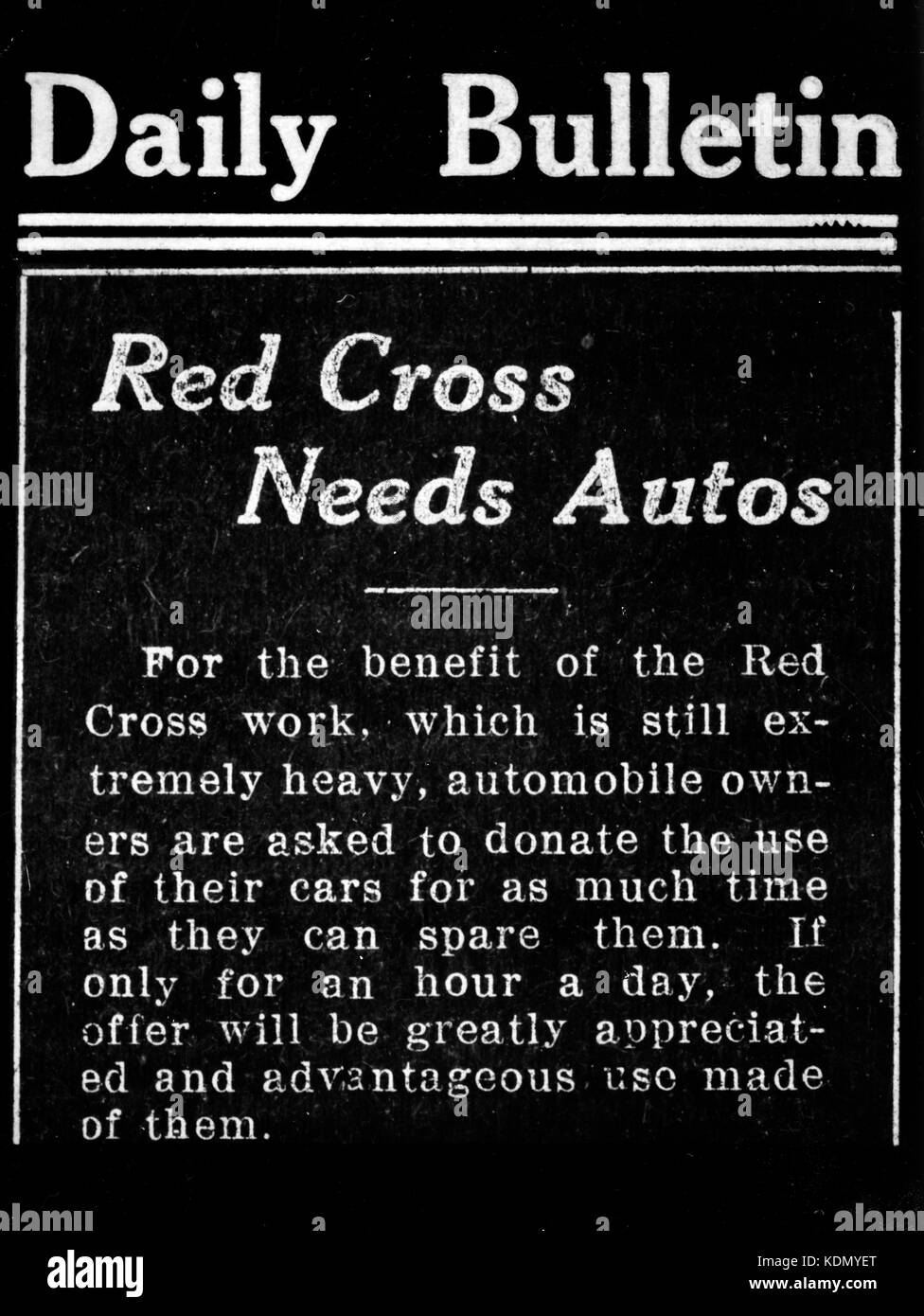 Dayton flood, Ohio. April 4, 1913 Poster with the Red Cross asking for people with automobiles to lend a hand Stock Photo