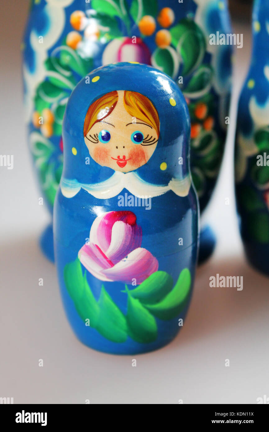 Matrioshka Babushkas dolls. Blue russian wooden dolls - matrioshka. Popular souvenirs from Russia Stock Photo