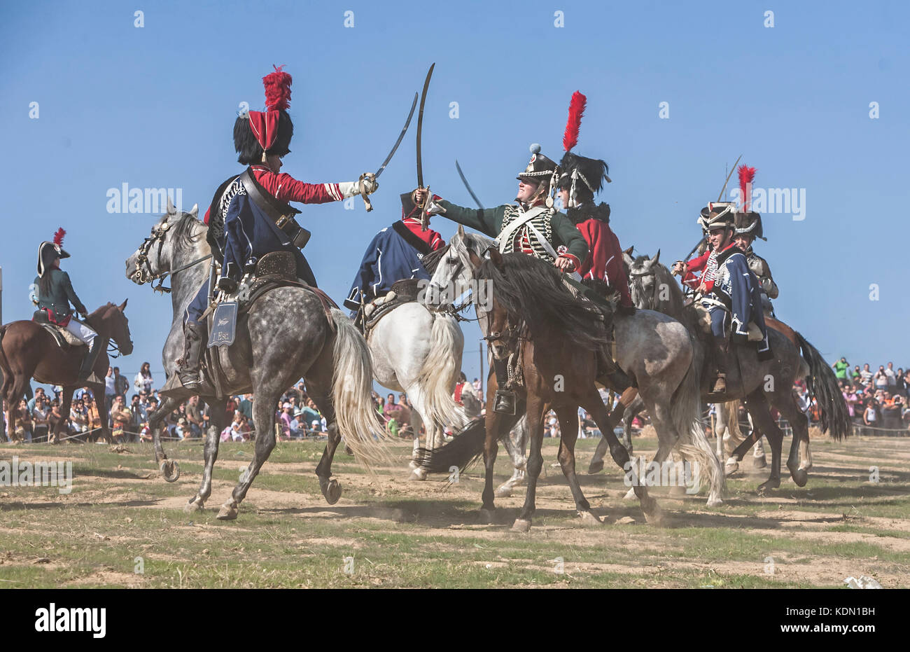Bailen, Jaen province, SPAIN - 5 october 2008: French soldiers on horseback attacking enemy troops in the commemoration of the battle of Bailen, Jaen  Stock Photo