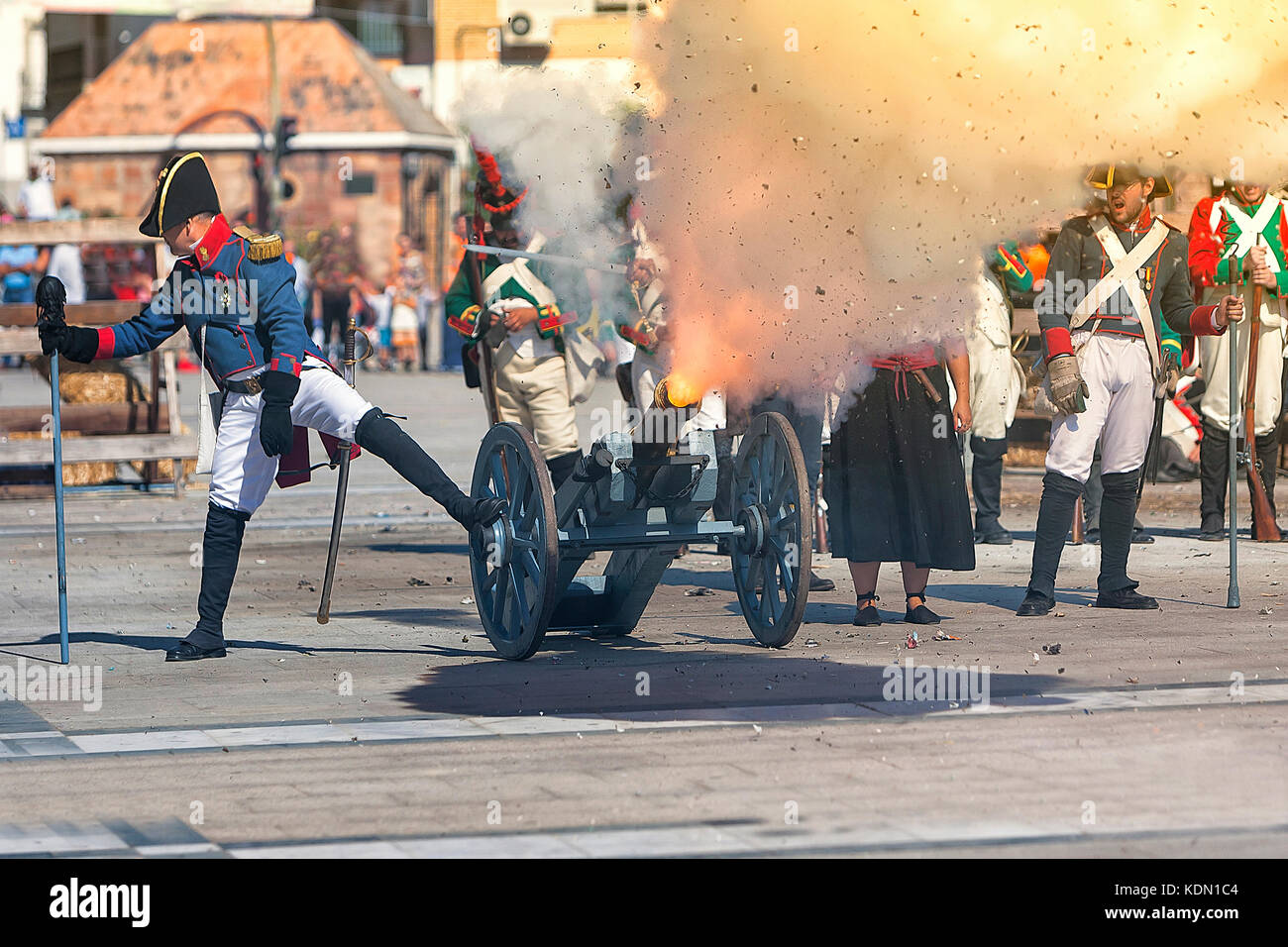French troops firing cannon on the battlefield during the Representation of the Battle of Bailen, Bailén  Jaén province, Andalusia, Spain Stock Photo