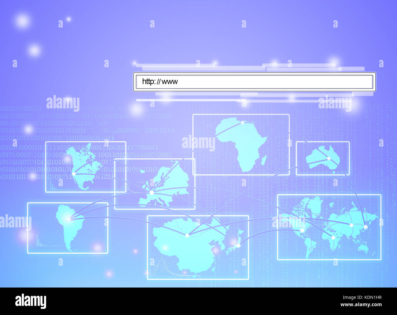 rendering of a web address linking all continents of world Stock Photo