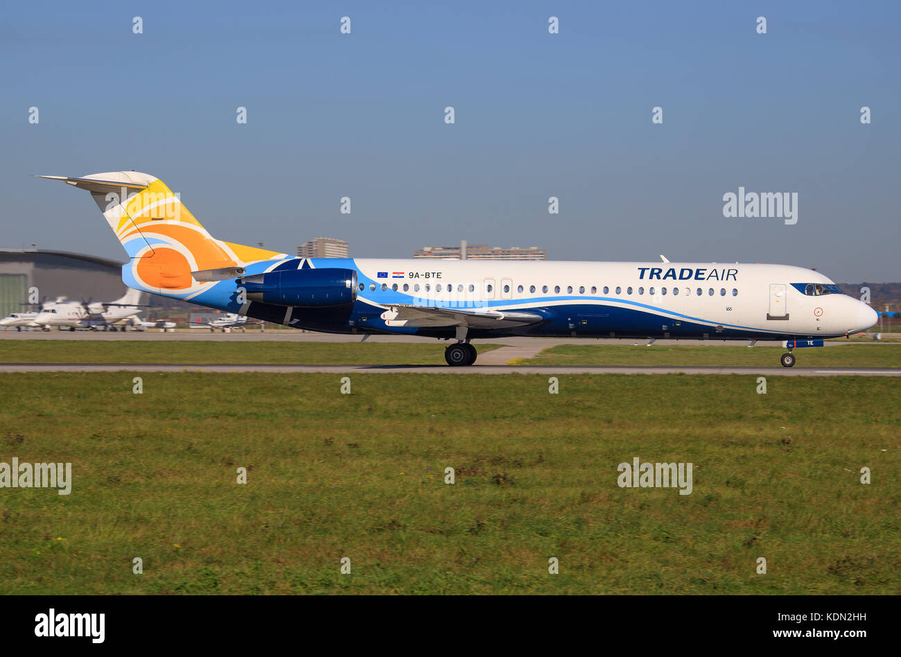 Stuttgart/Germany September 29, 2017: Fokker 70 from Tradeair at Stuttgart Airport. Stock Photo