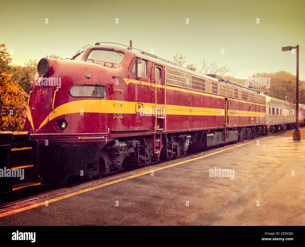Vintage American GM E Series Diesel locomotive working on Cape Cod Central Railroad MA USA Stock Photo