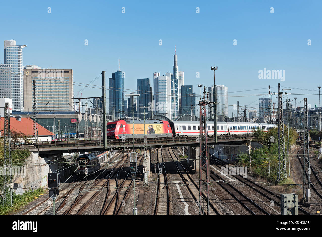 Skyscrapers and the railway aerial of Frankfurt main station Stock Photo