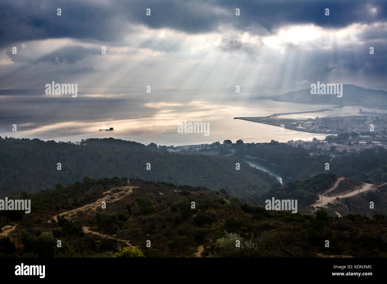 View of Ceuta from the Viewpoint of Isabel II.  Spanish town in africa under the sun rays on a cloudy foggy day Stock Photo