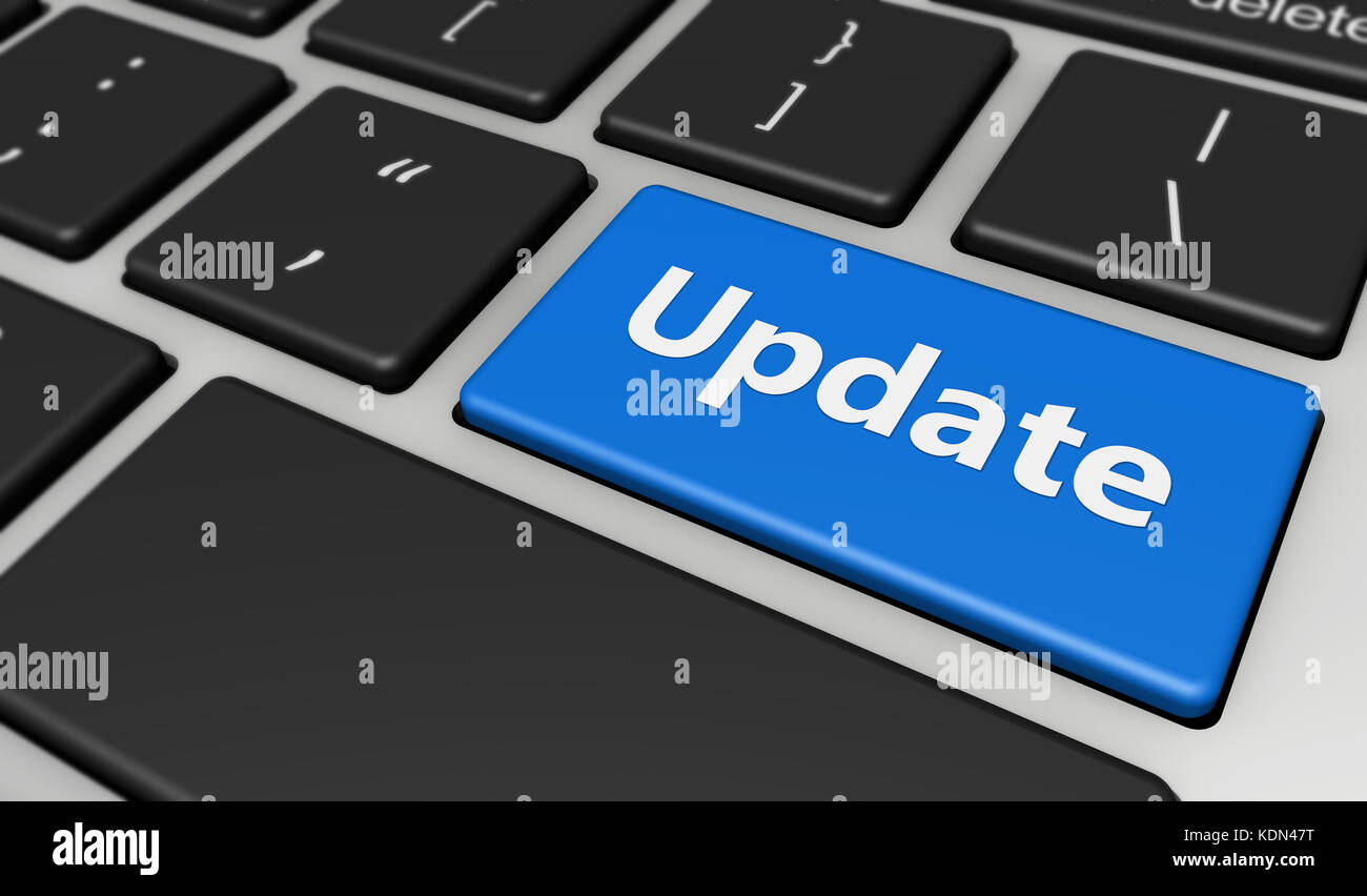 Update sign and text on a computer keyboard button 3D illustration. Stock Photo