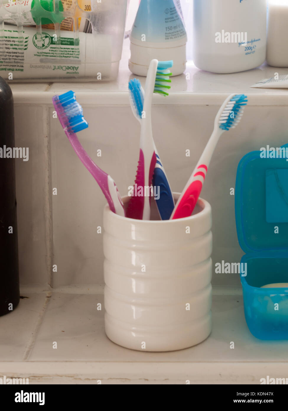 toothbrush holder in bathroom up close several colours toothbrushes