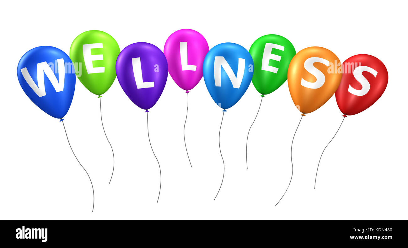 Wellness sign on colorful balloons 3D illustration. Stock Photo