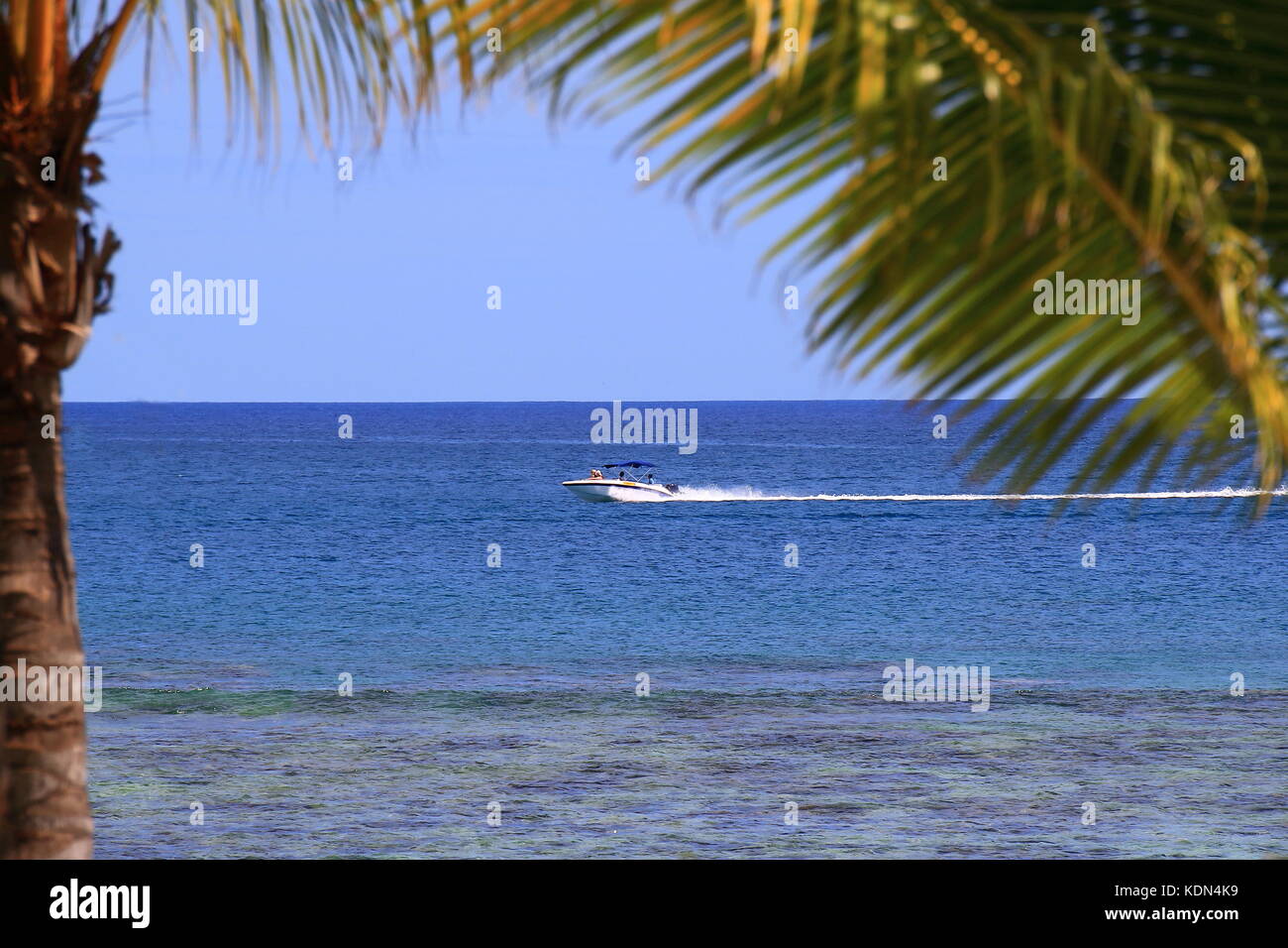 A motor boat speeds across a blue ocean in an image in the frame of a ...