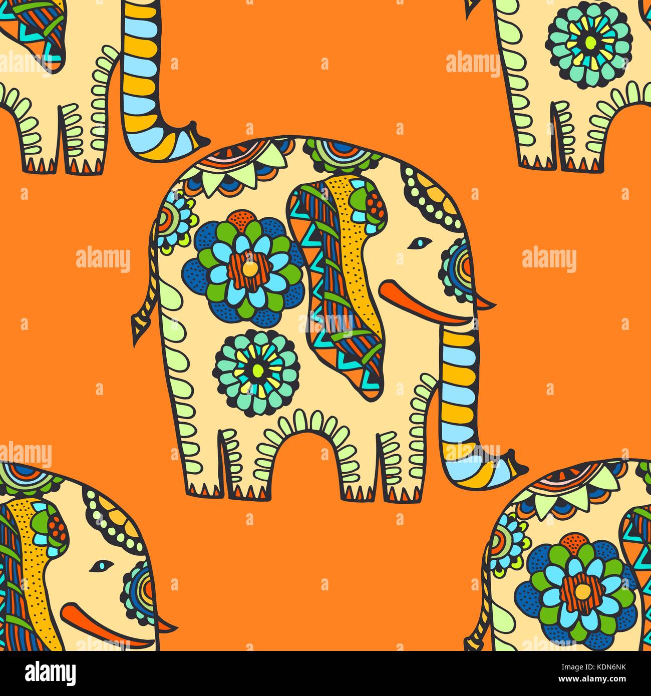 Seamless Pattern with Hand Drawn Ethnic Elephant. Vector illustration ...