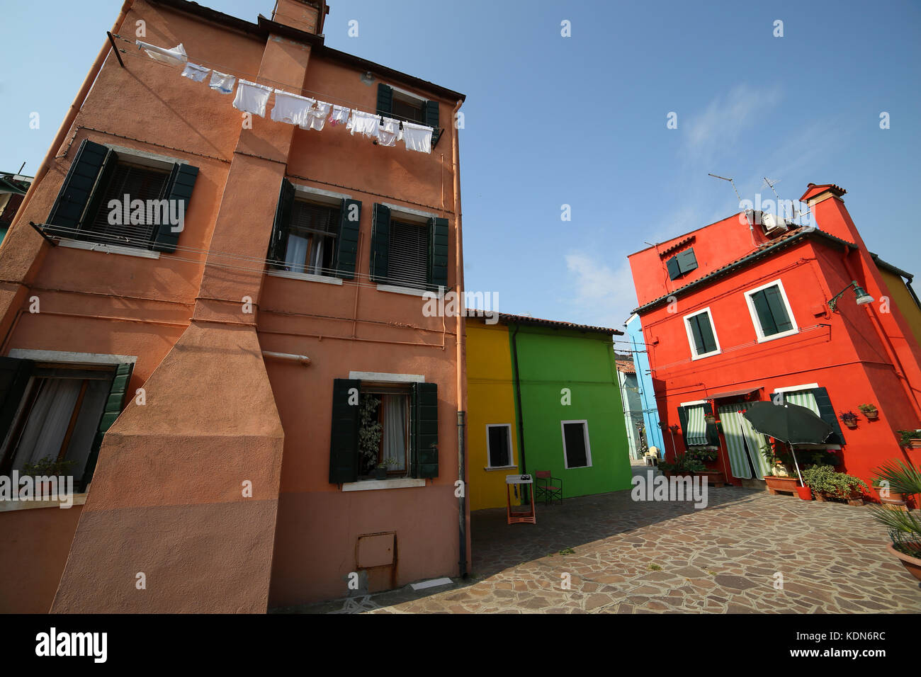 colorful houses on the island of Burano a few miles from Venice in Italy Stock Photo