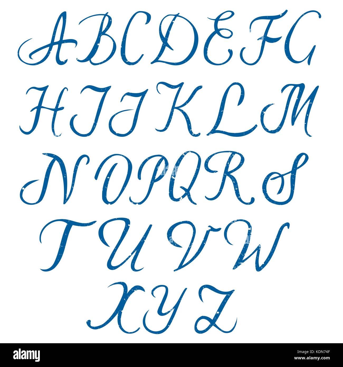 Hand drawn blue alphabet written with brush pen. Capital letters Stock