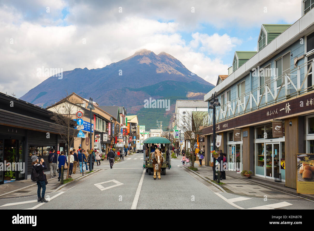 Oita, Japan - November 29, 2014: Yufuin Onsen town with Mount Yufu in Background at Oita, Japan. Stock Photo