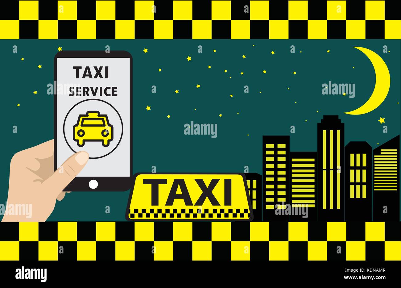 Hand holding smartphone with taxi app service, taxi and night city skyscrapers, stars and moon, vector illustration Stock Vector