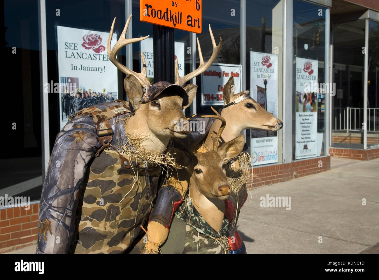 Halloween street display, USA. Display shows deer hunters for All Hallow's Eve. Stock Photo