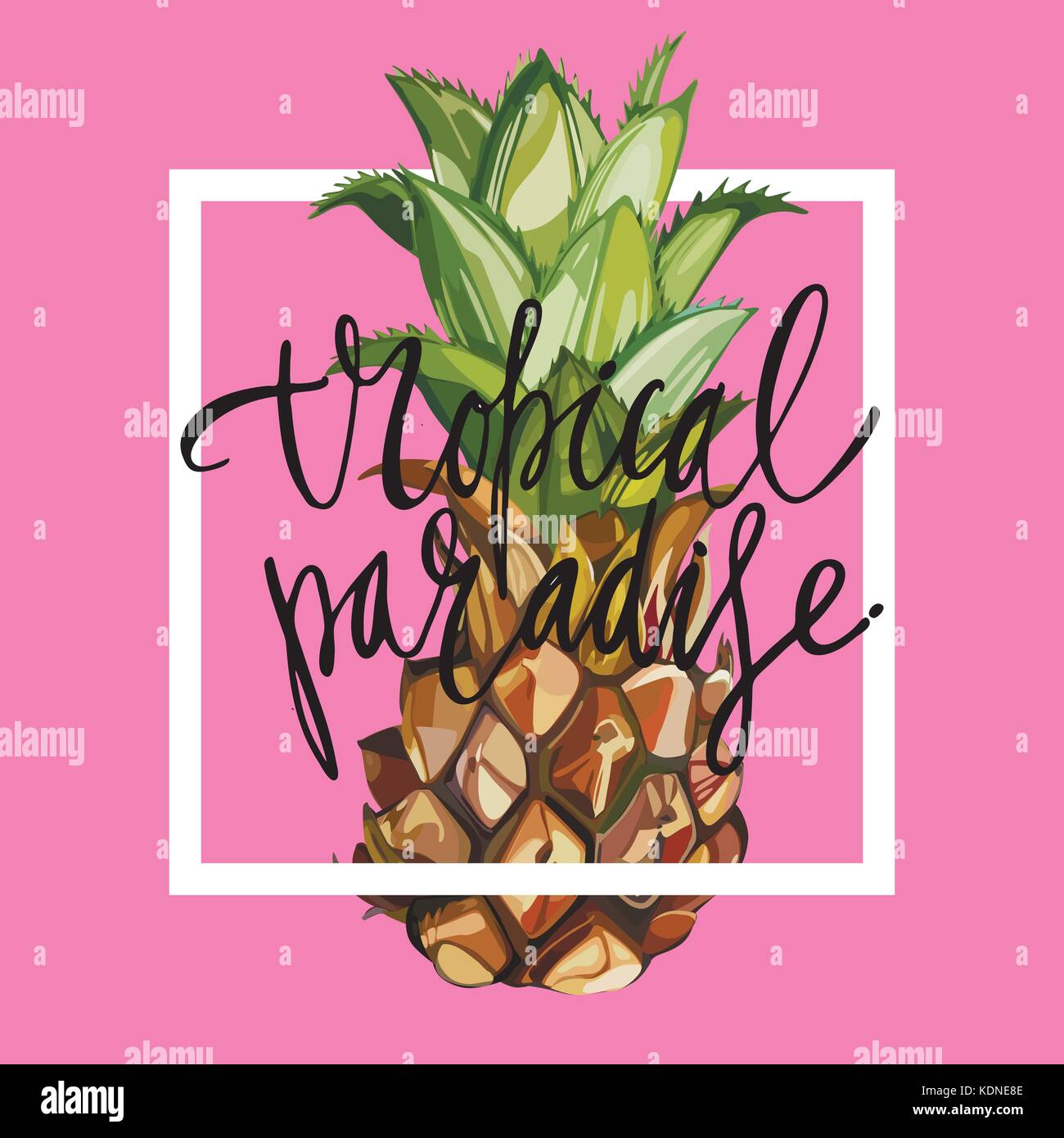 Lettering phrase - Tropical paradise. Pineapple with tropical leaves.Element for design of invitations, movie posters, fabrics and other objects. Geometry set. Vector EPS 10 Stock Vector