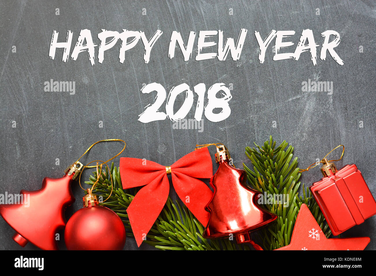 Happy new year 2018 on blackboard with Christmas decoration Stock Photo