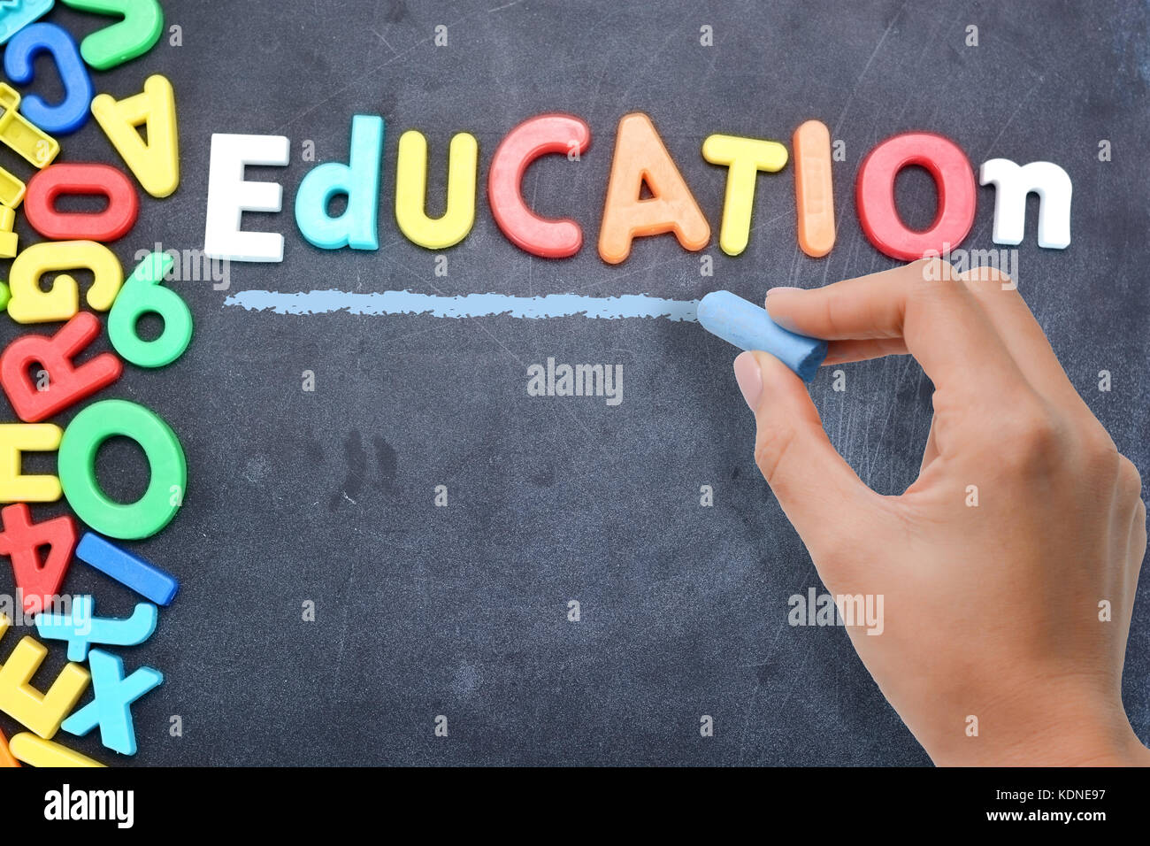 Education concept with colorful plastic letters on blackboard Stock Photo