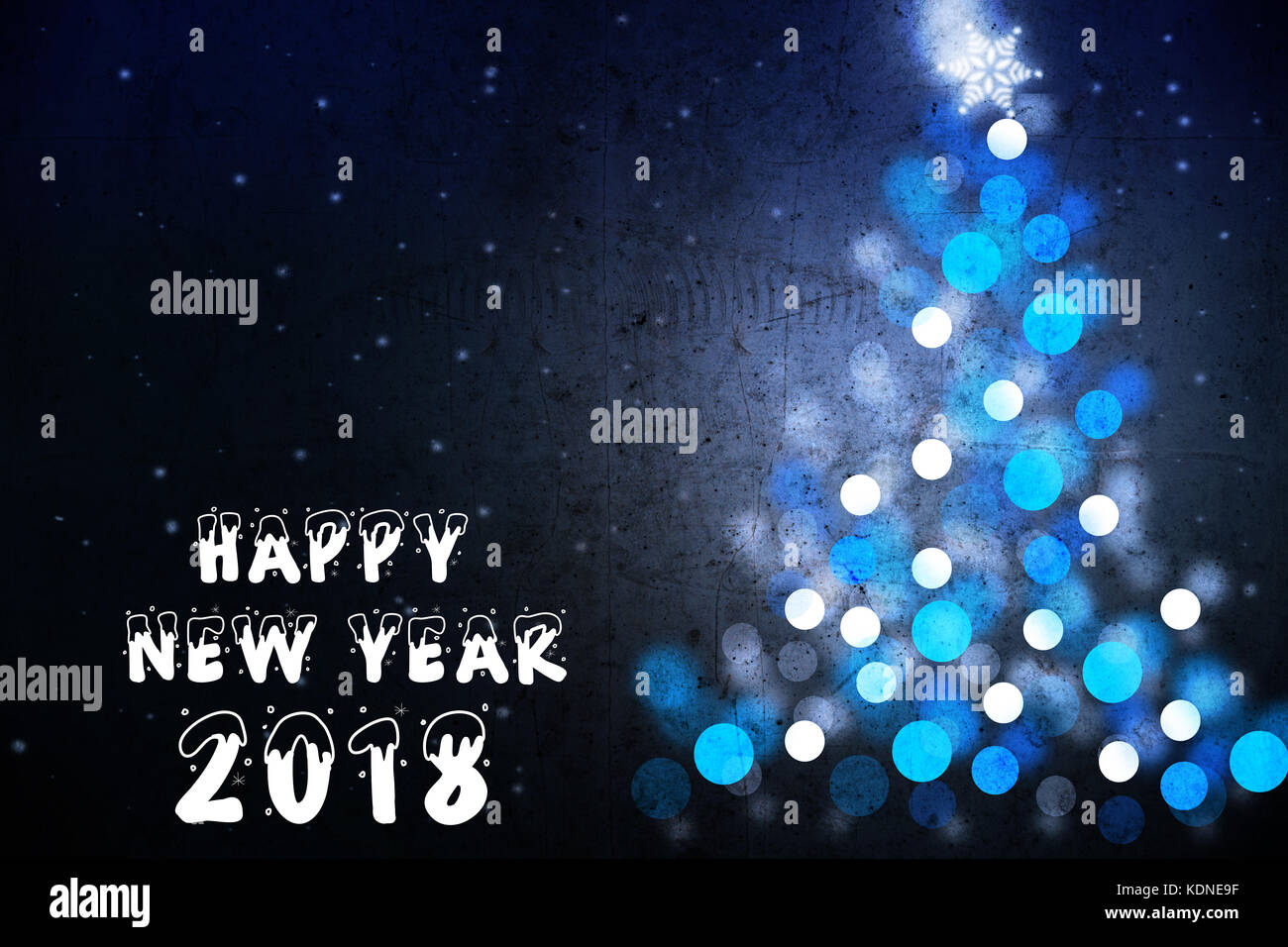 Happy New Year 2018 greeting card with blue Christmas tree silhouette Stock Photo