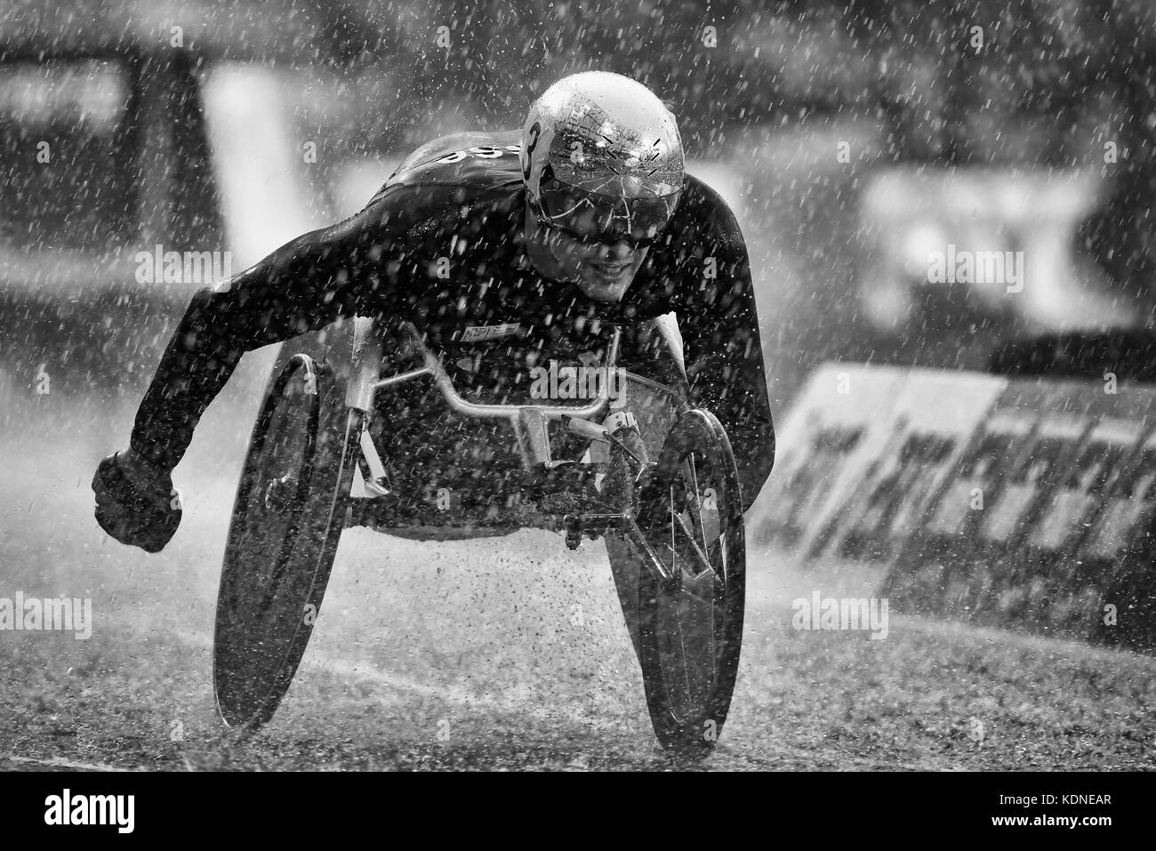 Marcel Hug wheelchair athlete competing in wet 5000m T54 final at the World Para Athletics Championships in the London Olympic Stadium, London, 2017 Stock Photo