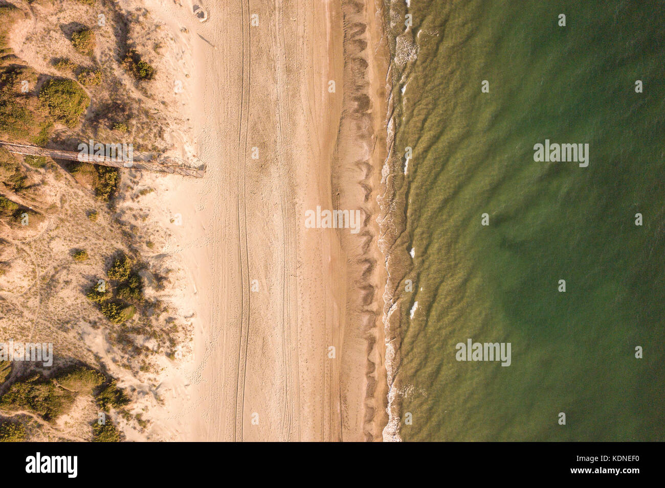 Aerial view of a beautiful beach at sunset. Sabaudia, Italy. Stock Photo