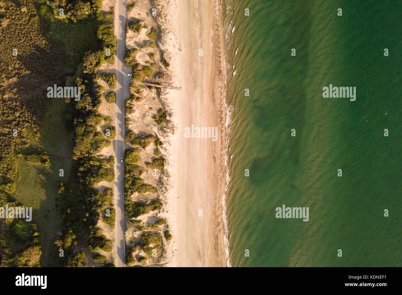 Aerial view of a beautiful beach at sunset. Sabaudia, Italy. Stock Photo