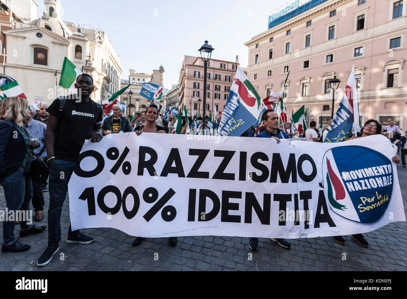 Rome, Italy. 14th Oct, 2017. National Movement for Sovereignity, an Italian national-conservative political party, held a demonstration to protest against the invasion of immigrants and to defend the Italian work in Rome, Italy on October 14, 2017. Credit: Giuseppe Ciccia/Pacific Press/Alamy Live News Stock Photo