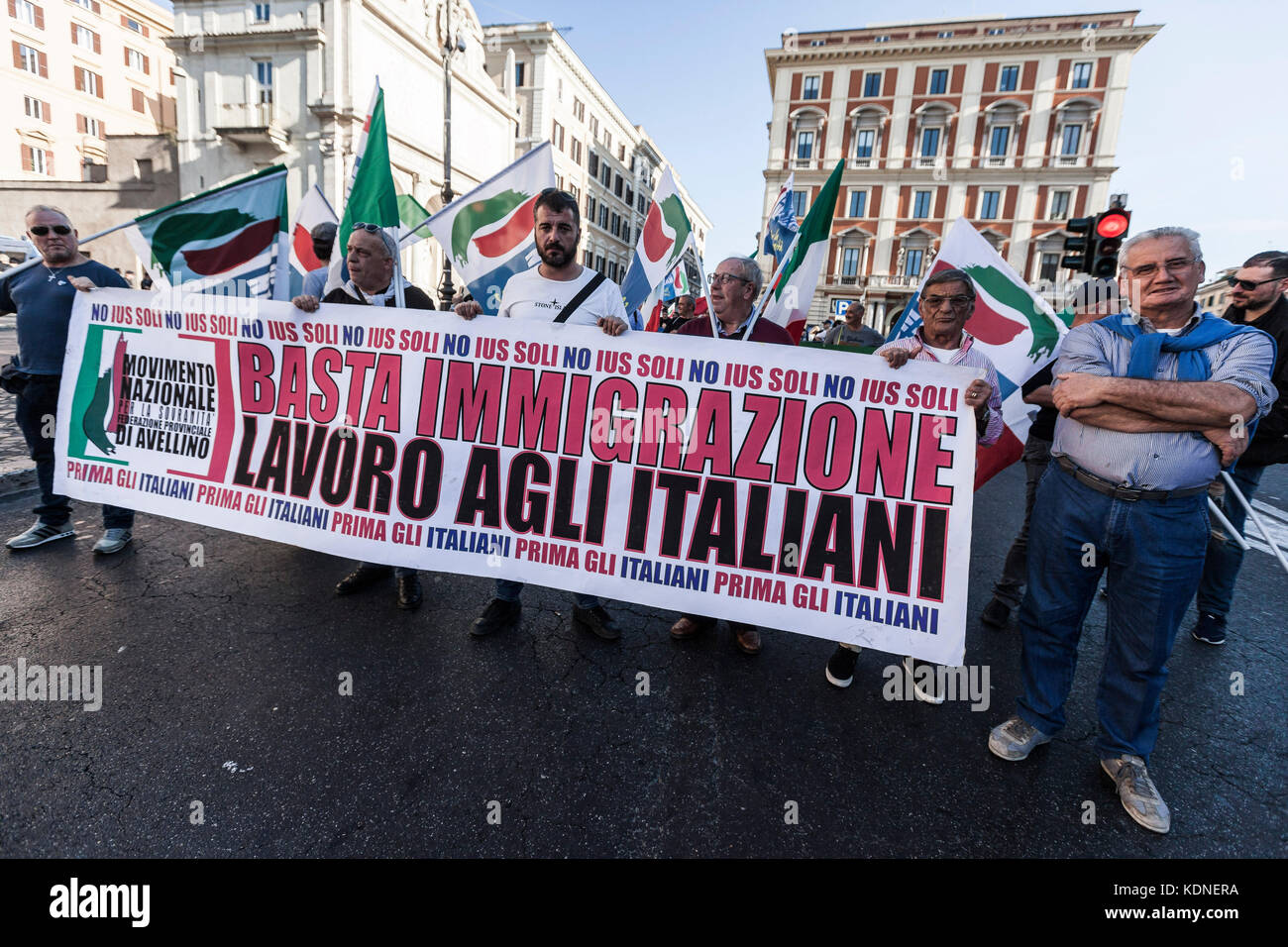 Rome, Italy. 14th Oct, 2017. National Movement for Sovereignity, an Italian national-conservative political party, held a demonstration to protest against the invasion of immigrants and to defend the Italian work in Rome, Italy on October 14, 2017. Credit: Giuseppe Ciccia/Pacific Press/Alamy Live News Stock Photo