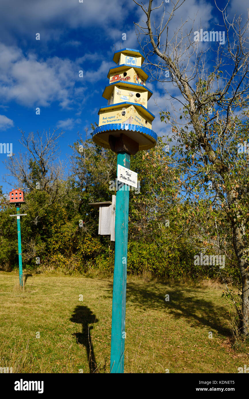 Picton Brownies Birdhouse on pole at Bird House City of Prince Edward County Macaulay Mountain Conservation Area Picton Ontario Stock Photo