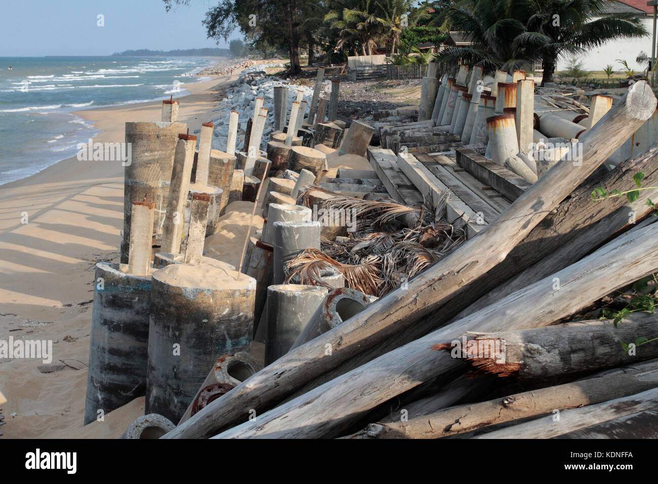 Using piles to prevent beach erosion at Rusila in Terengganu, Malaysia Stock Photo