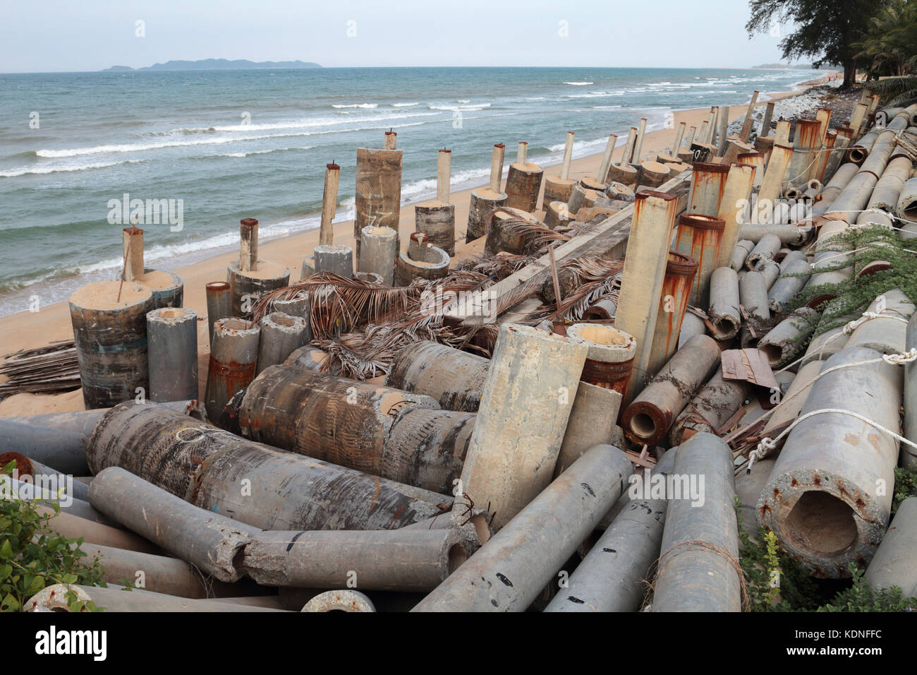 Piles to prevent beach erosiion in Kuala Terengganu, Malaysia. Stock Photo