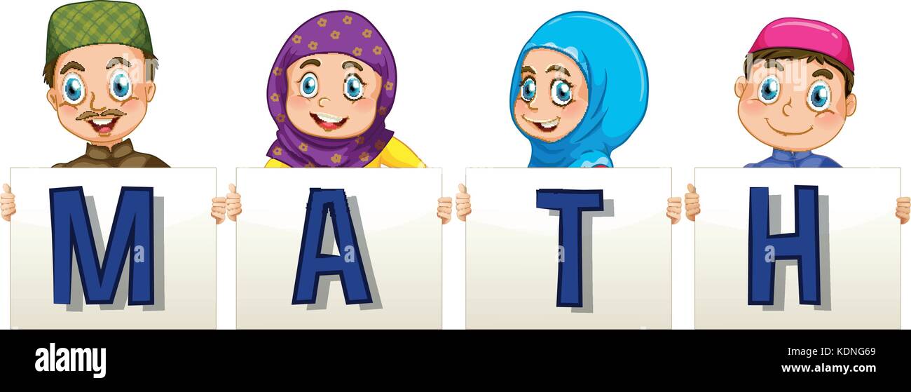 Muslim family holding sign for word math illustration Stock Vector