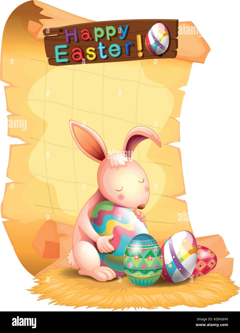 Happy Easter poster with bunny and rainbow eggs illustration Stock