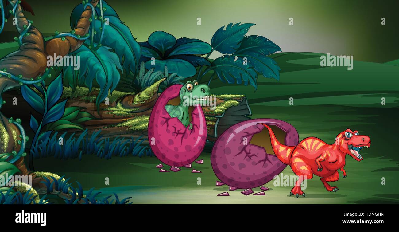 Two dinosaurs hatching eggs in deep forest illustration Stock Vector ...